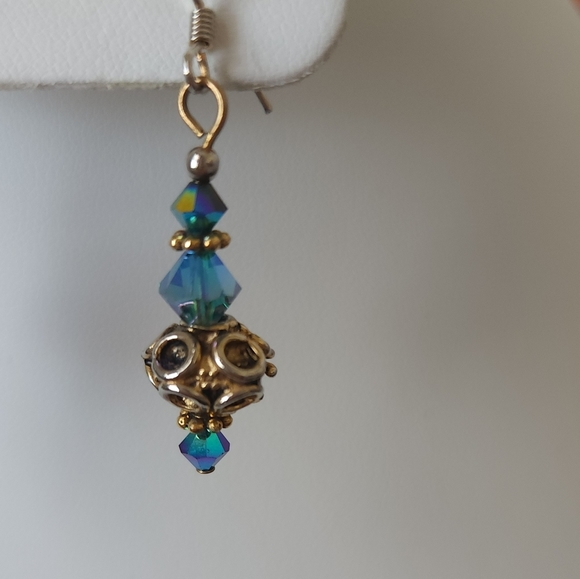 Blue and Gold Beaded Boho Earrings - Picture 3 of 7